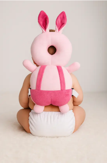 Screenshot 2025-08-10 165429 Baby wearing Pink Uv bunny head protector cushion while sitting on floor