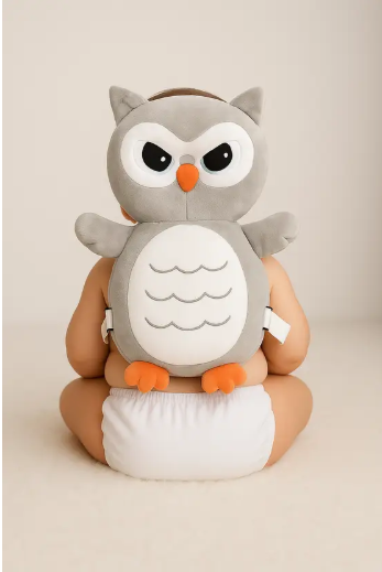 Screenshot 2025-08-10 165440 Baby wearing Pink Uv owl head protector cushion while crawling indoors